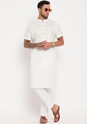 White Solid Poly Blend Kurta Set For Men