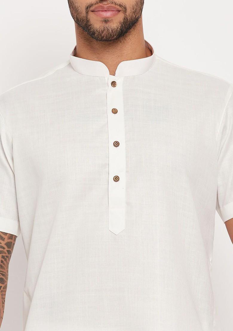White Solid Poly Blend Kurta Set For Men