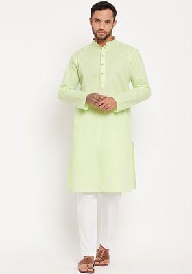 Green Solid Poly Blend Kurta Set For Men