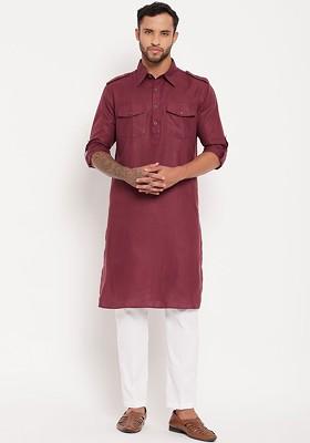 Purple Solid Pathani Kurta Set For Men