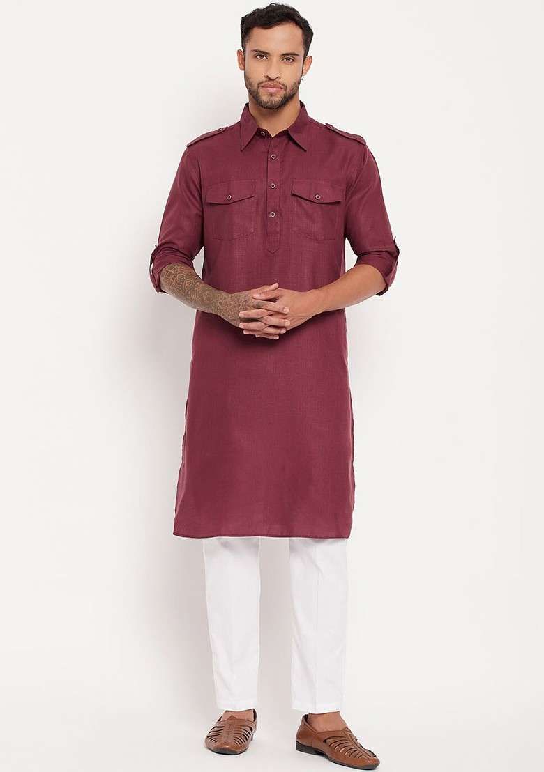 Purple Solid Pathani Kurta Set For Men - Indya