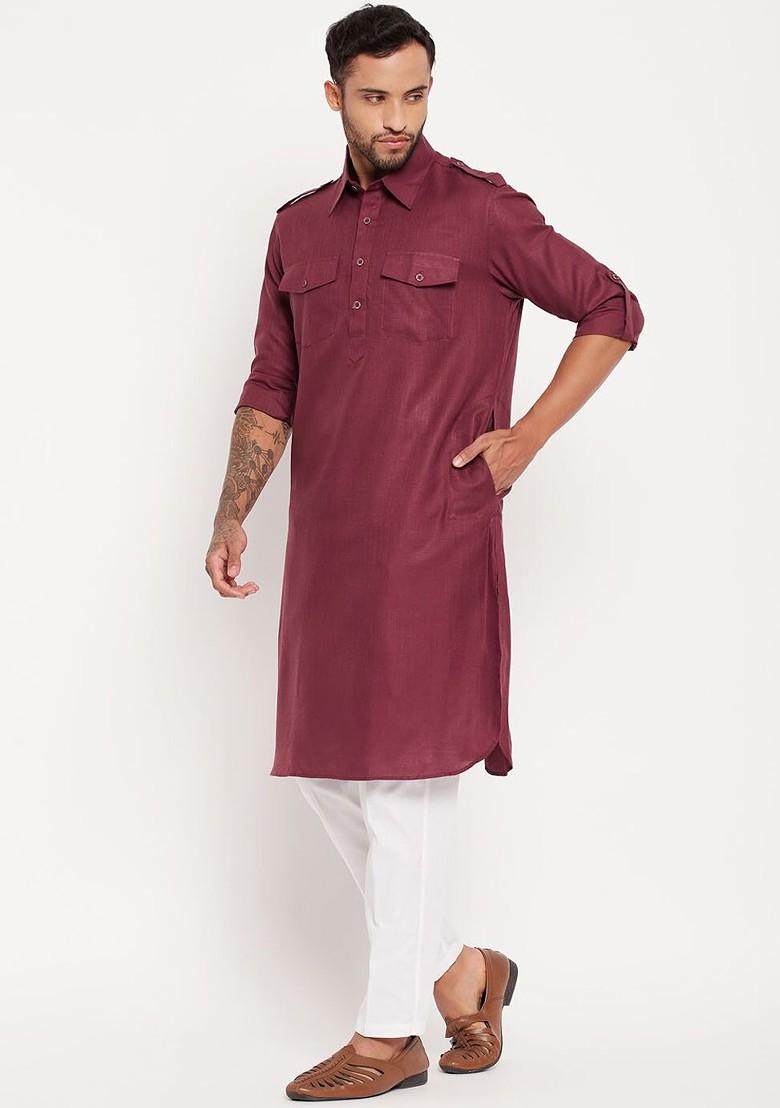 Purple Solid Pathani Kurta Set For Men
