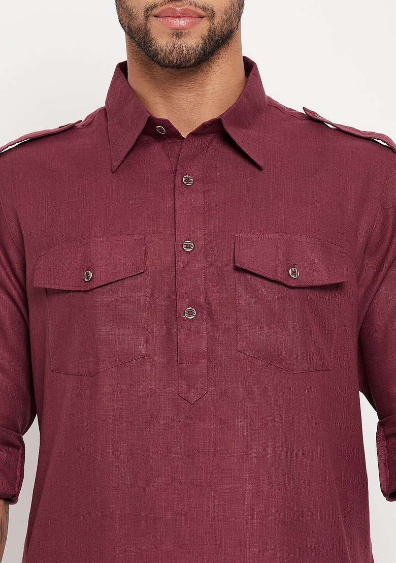 Purple Solid Pathani Kurta Set For Men - Indya