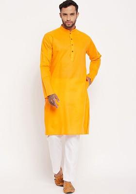 Orange Solid Poly Blend Kurta Set For Men