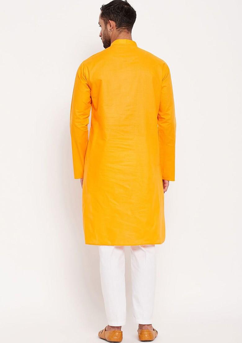 Orange Solid Poly Blend Kurta Set For Men
