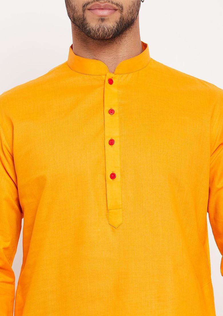 Orange Solid Poly Blend Kurta Set For Men