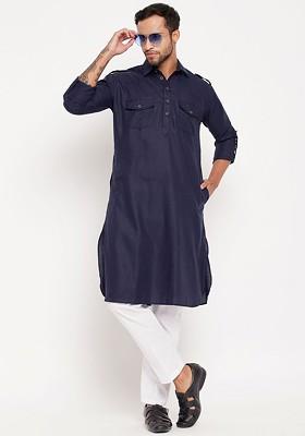 Blue Solid Pathani Kurta Set For Men