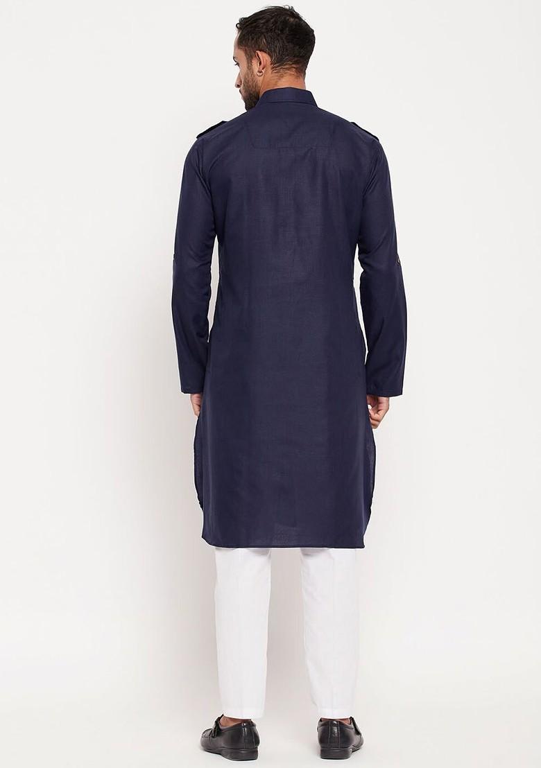 Blue Solid Pathani Kurta Set For Men