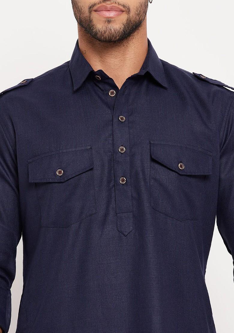 Blue Solid Pathani Kurta Set For Men