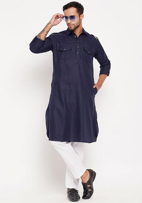 Blue Solid Pathani Kurta Set For Men