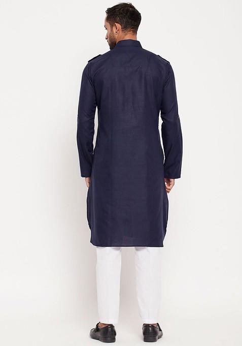 Blue Solid Pathani Kurta Set For Men