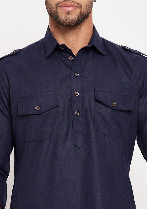 Blue Solid Pathani Kurta Set For Men