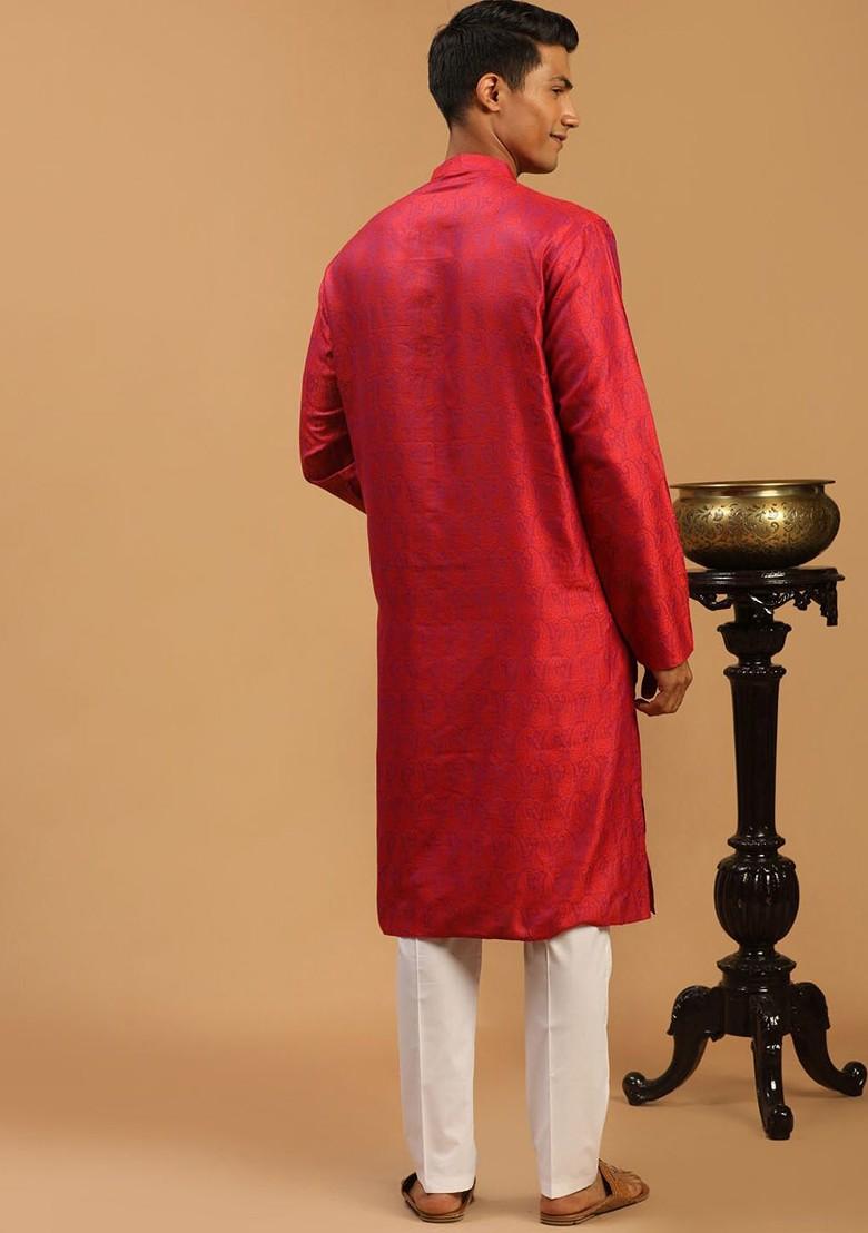 Red Woven Poly Blend Kurta Set For Men