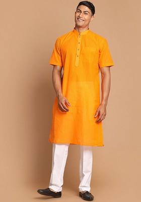 Orange Striped Cotton Kurta Set For Men