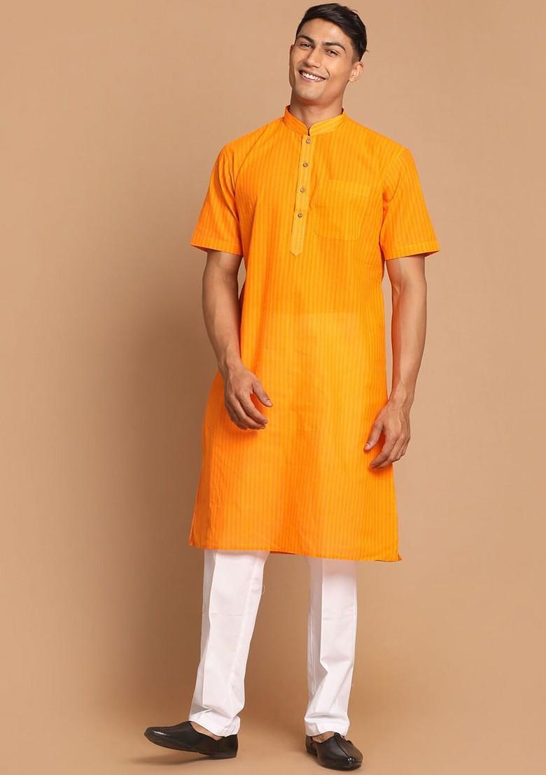 Orange Striped Cotton Kurta Set For Men