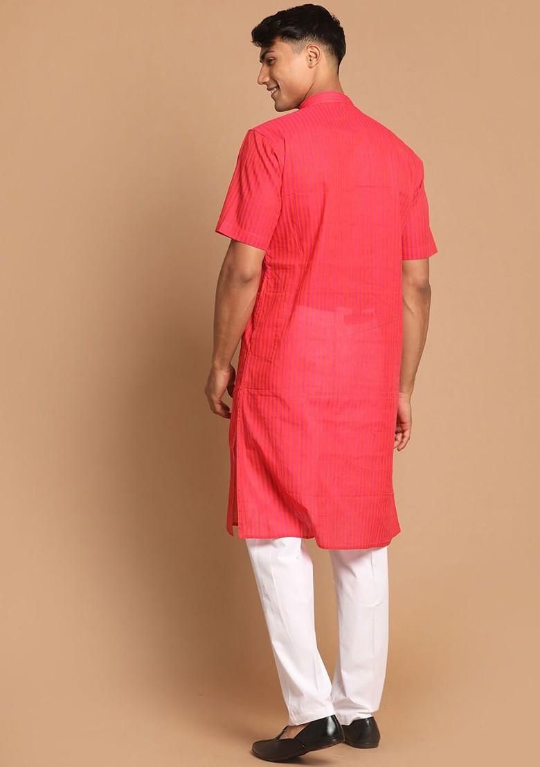 Pink Striped Cotton Kurta Set For Men