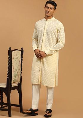 Yellow Embroidered Poly Blend Kurta Set For Men