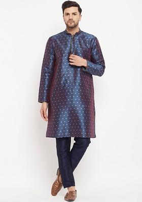Blue Geometric Print Poly Blend Kurta Set For Men