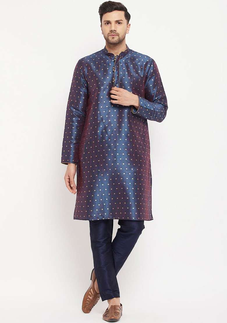 Blue Geometric Print Poly Blend Kurta Set For Men - Indya