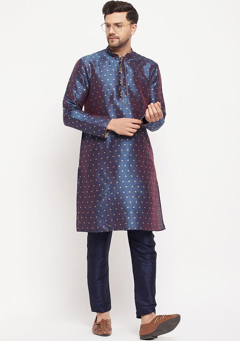 Blue Geometric Print Poly Blend Kurta Set For Men