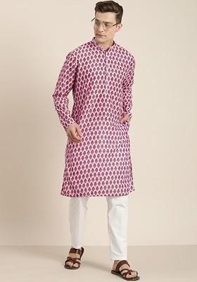 Pink Floral Print Poly Blend Kurta Set For Men