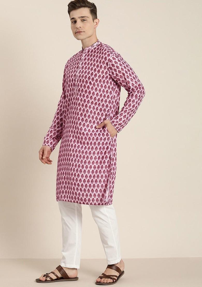 Pink Floral Print Poly Blend Kurta Set For Men