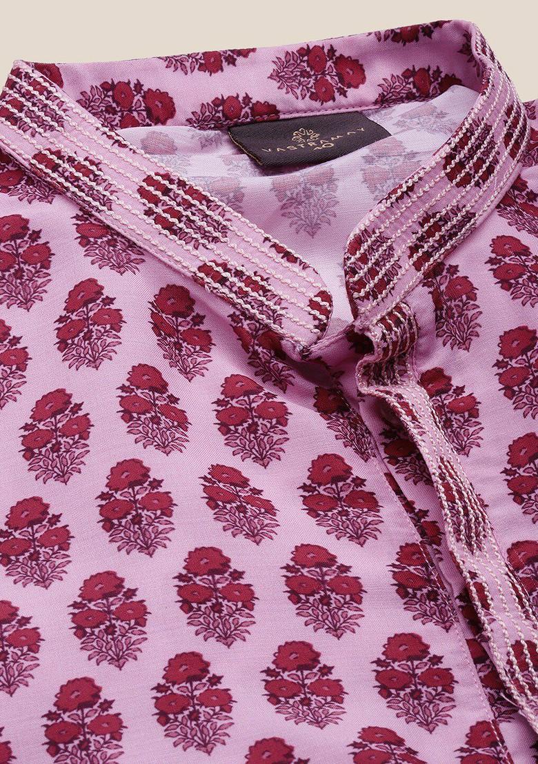Pink Floral Print Poly Blend Kurta Set For Men