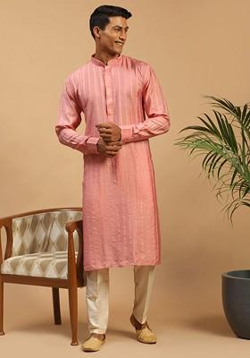 Peach Embroidered Poly Blend Kurta Set For Men