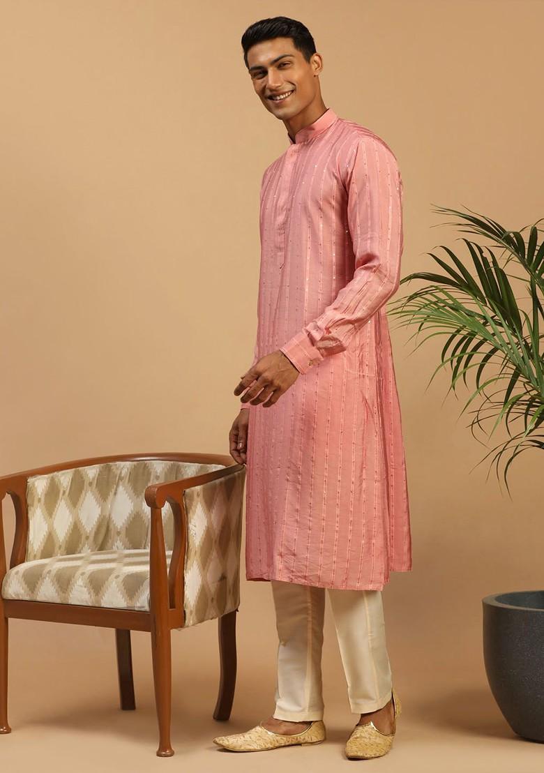 Peach Embroidered Poly Blend Kurta Set For Men
