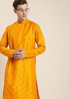Yellow Solid Poly Blend Kurta Set For Men