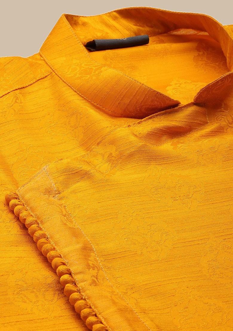 Yellow Solid Poly Blend Kurta Set For Men