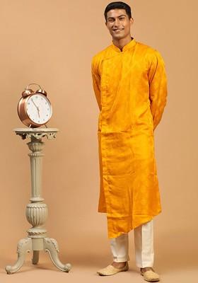 Yellow Solid Poly Blend Kurta Set For Men