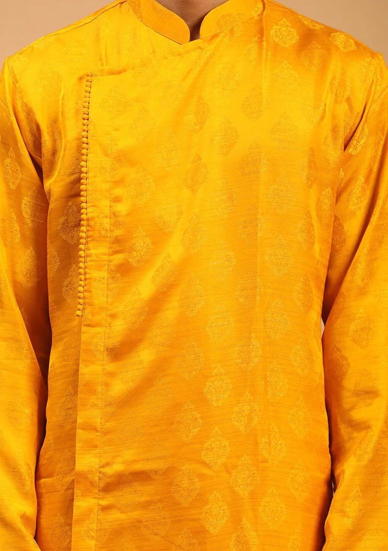 Yellow Solid Poly Blend Kurta Set For Men