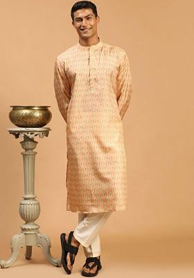 Peach Ethnic Motifs Poly Blend Kurta Set For Men