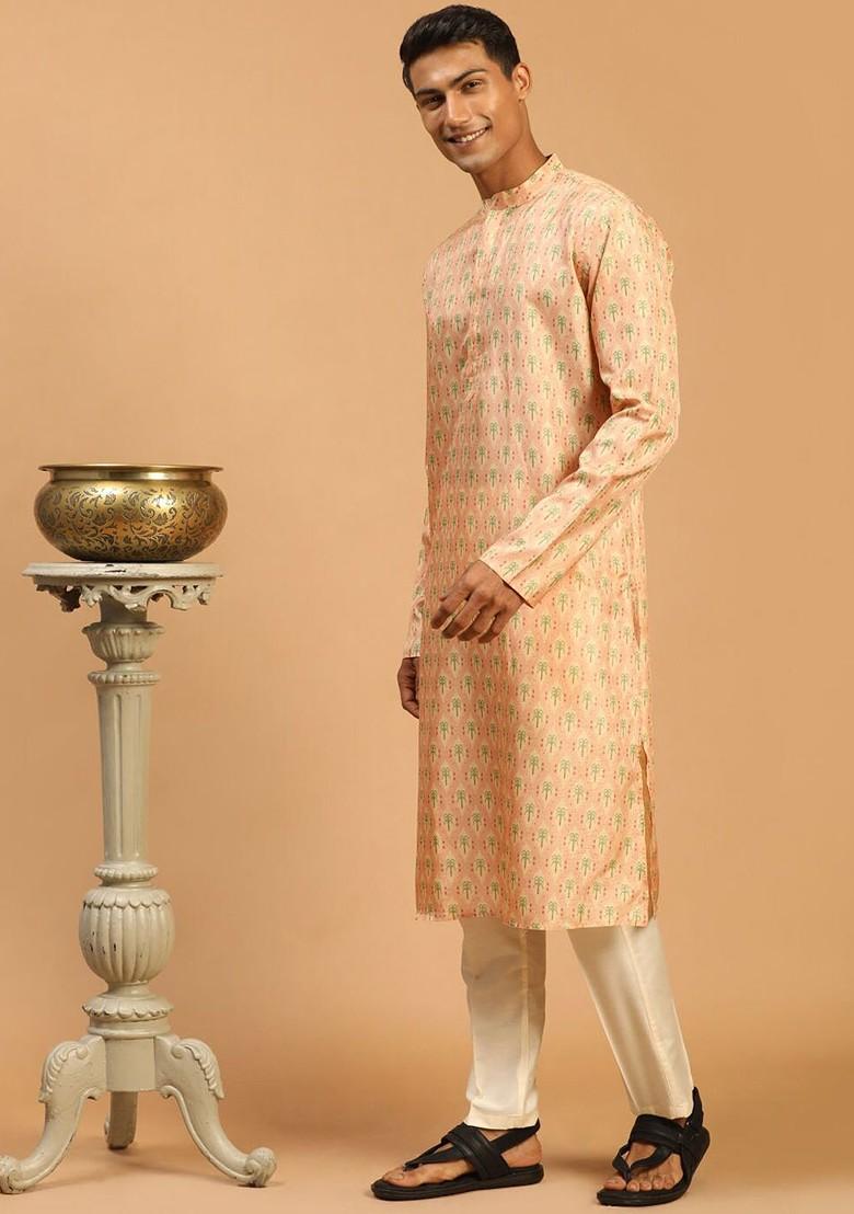 Peach Ethnic Motifs Poly Blend Kurta Set For Men