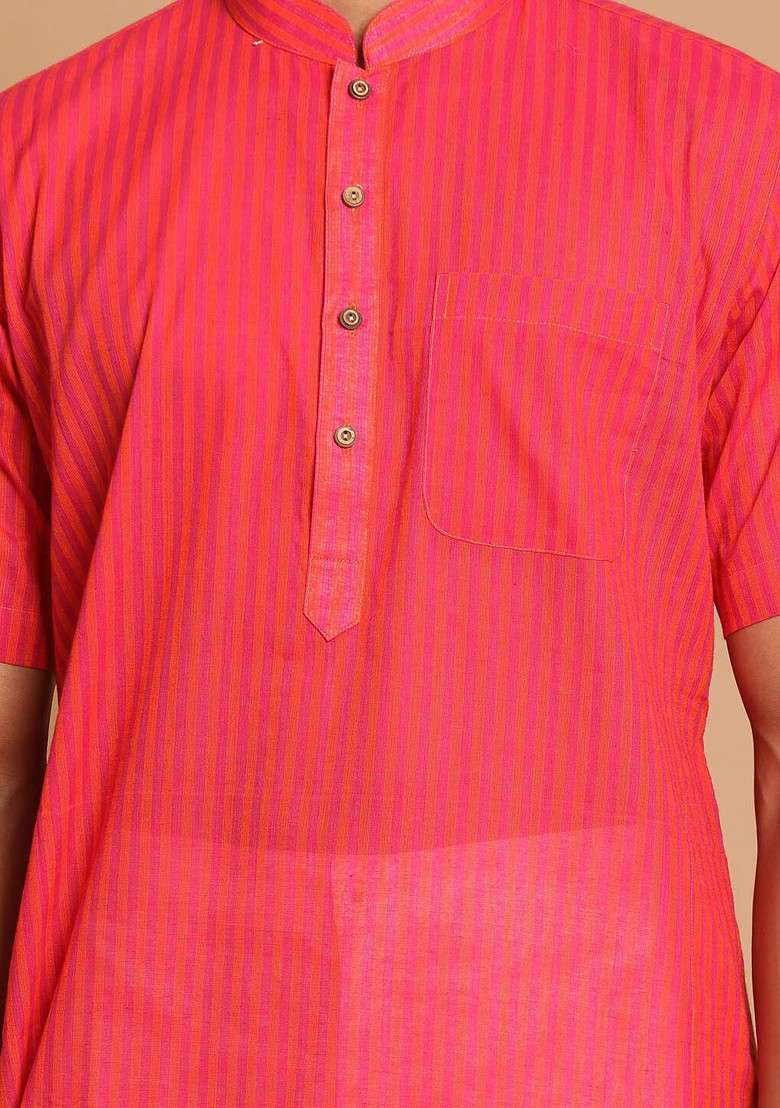 Pink Solid Cotton Kurta Set For Men - Indya