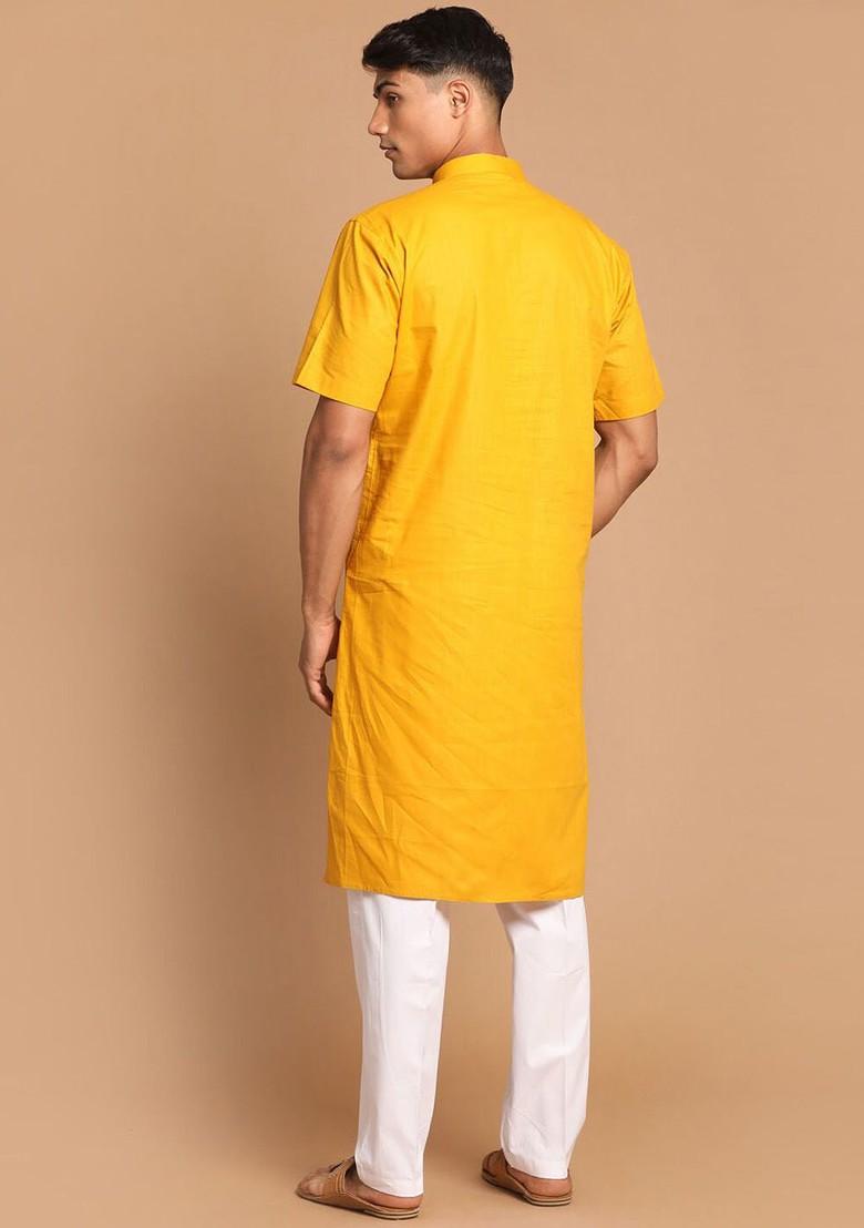 Mustard Solid Poly Blend Kurta Set For Men