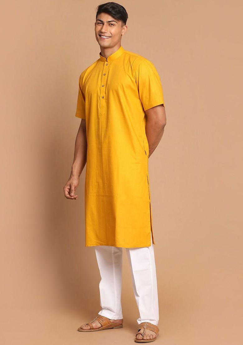Mustard Solid Poly Blend Kurta Set For Men