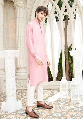 Purple Sequin Work Cotton Kurta Set For Men