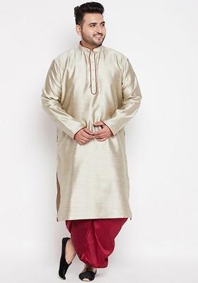 Beige Thread Work Poly Blend Kurta Set For Men