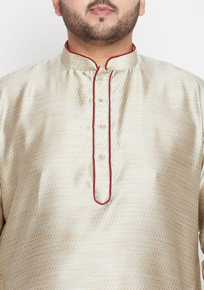 Beige Thread Work Poly Blend Kurta Set For Men