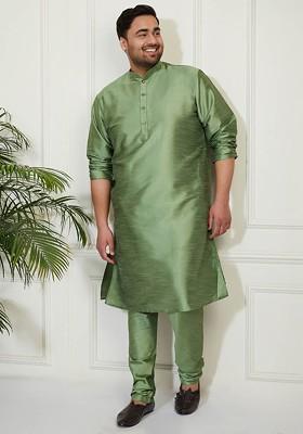 Green Solid Poly Blend Kurta Set For Men