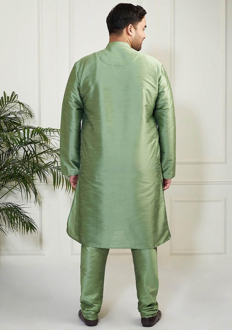 Green Solid Poly Blend Kurta Set For Men