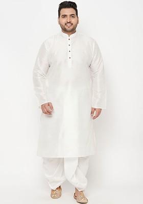 White Solid Silk Kurta Set For Men