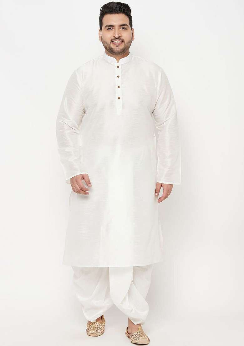 White Solid Silk Blend Kurta Set For Men - Indya