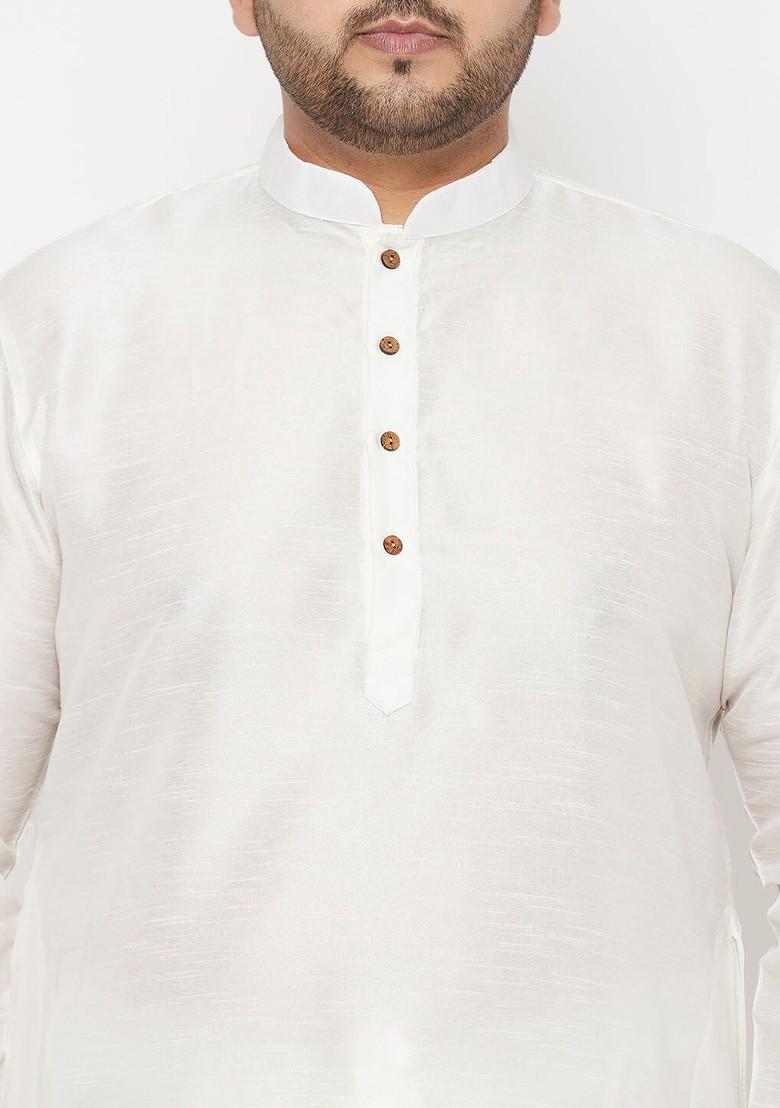 White Solid Silk Kurta Set For Men