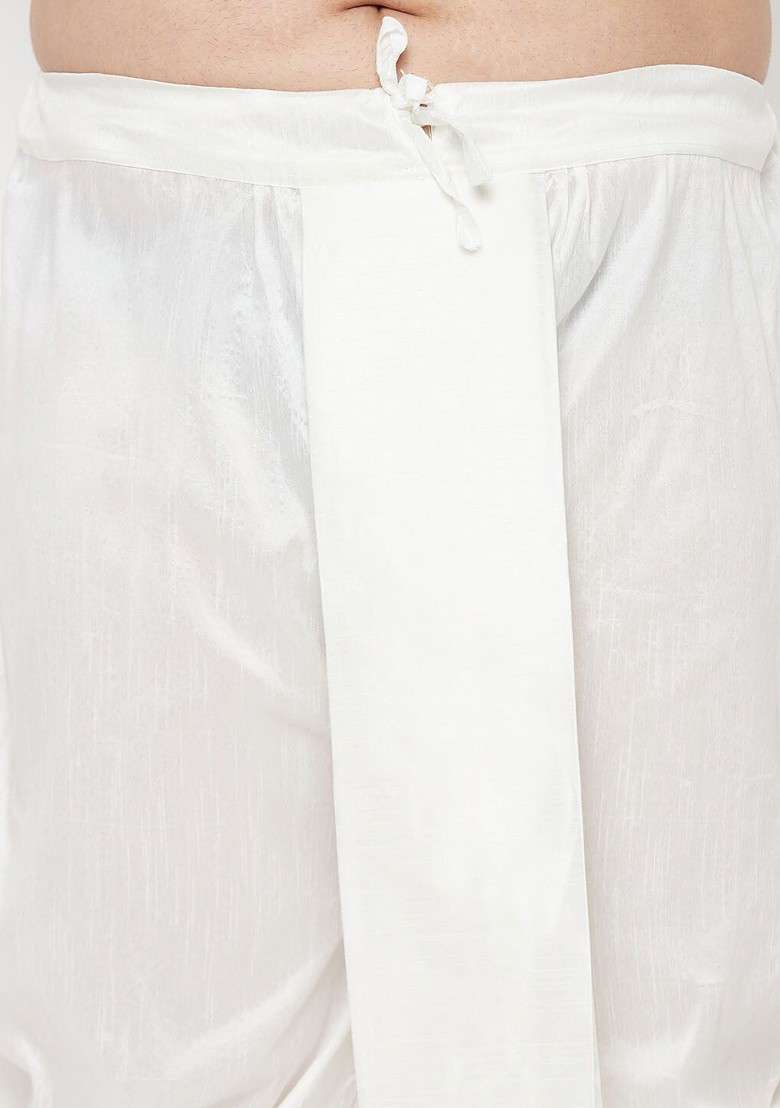 White Solid Silk Blend Kurta Set For Men - Indya