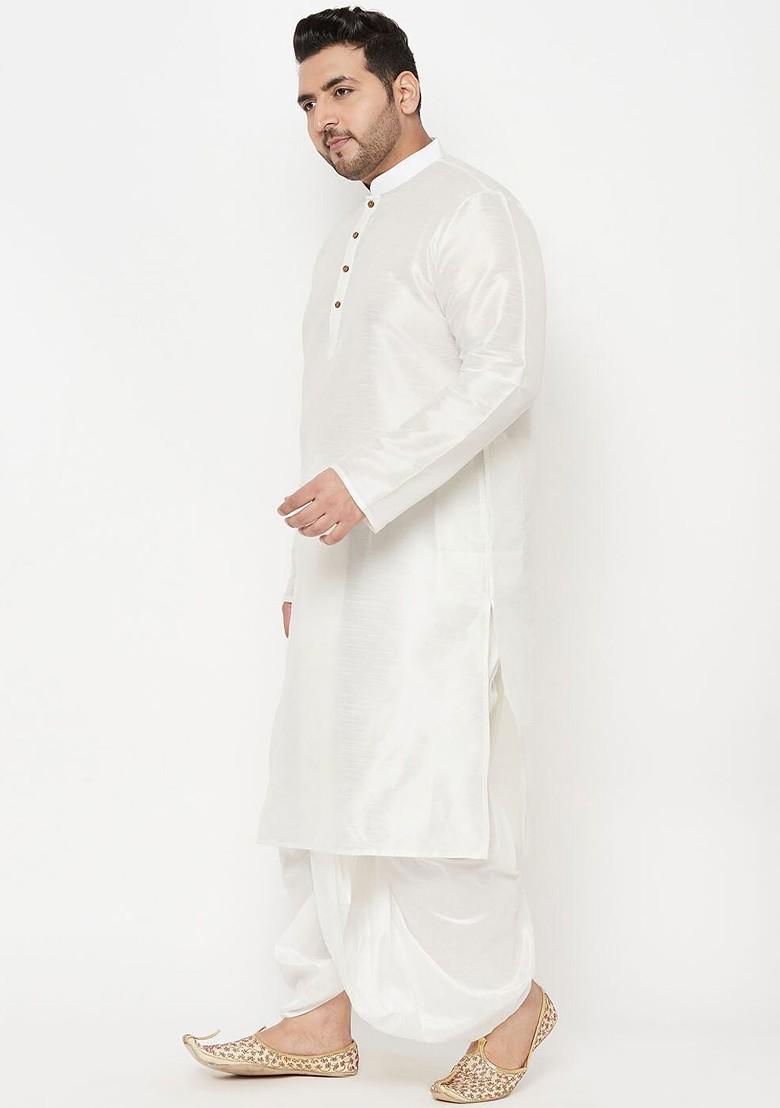 White Solid Silk Kurta Set For Men