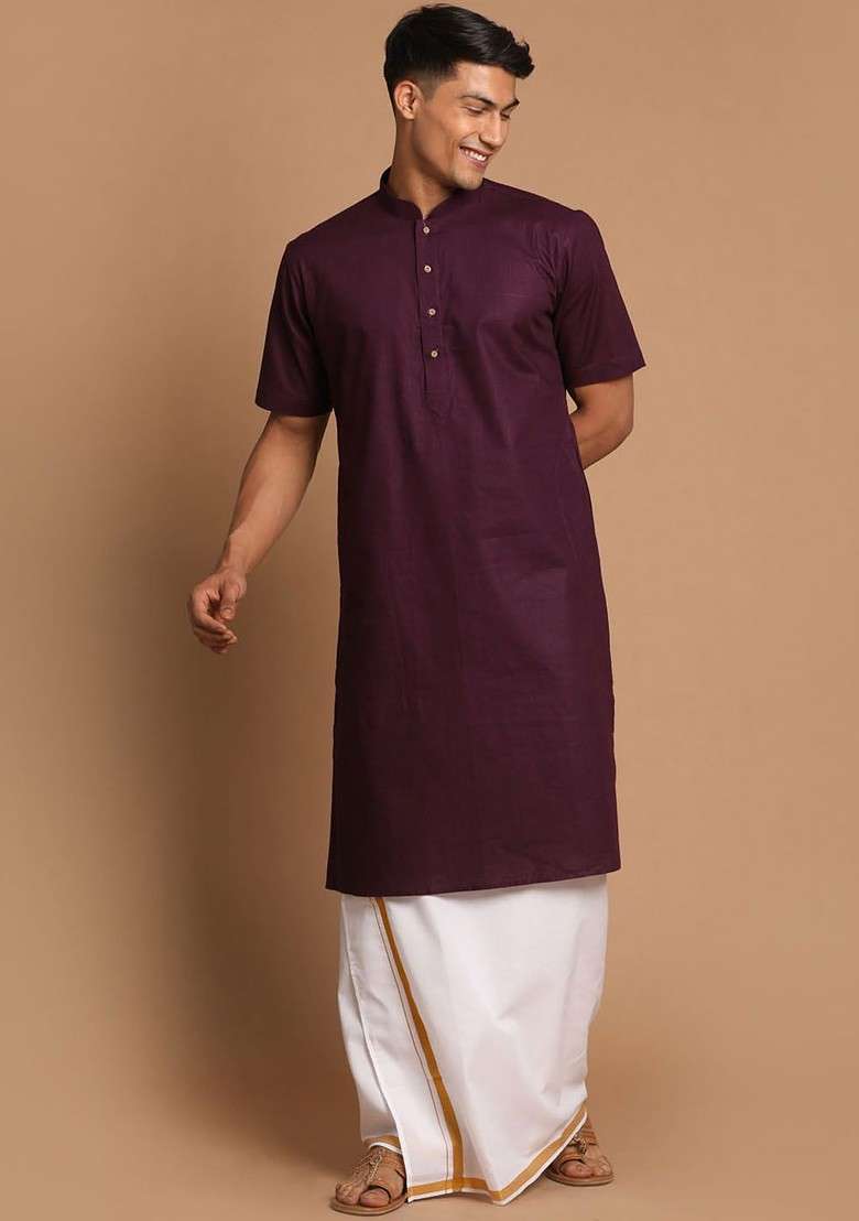 Purple Solid Poly Blend Kurta Set For Men - Indya
