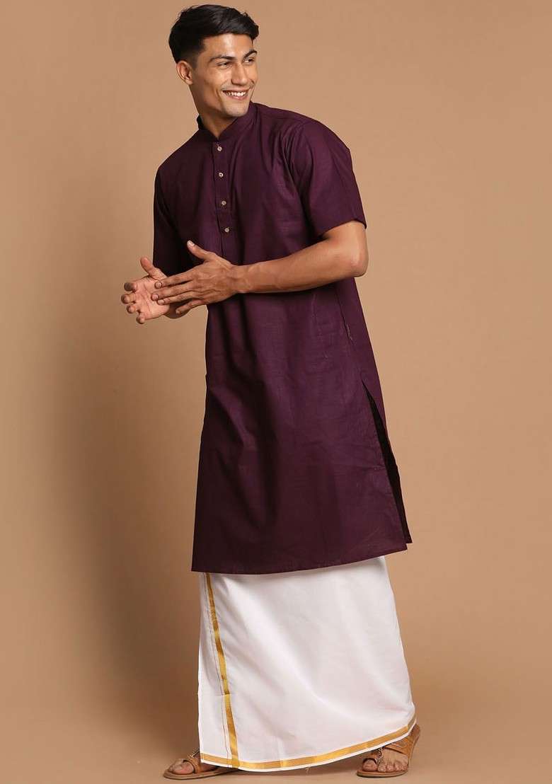 Purple Solid Poly Blend Kurta Set For Men - Indya